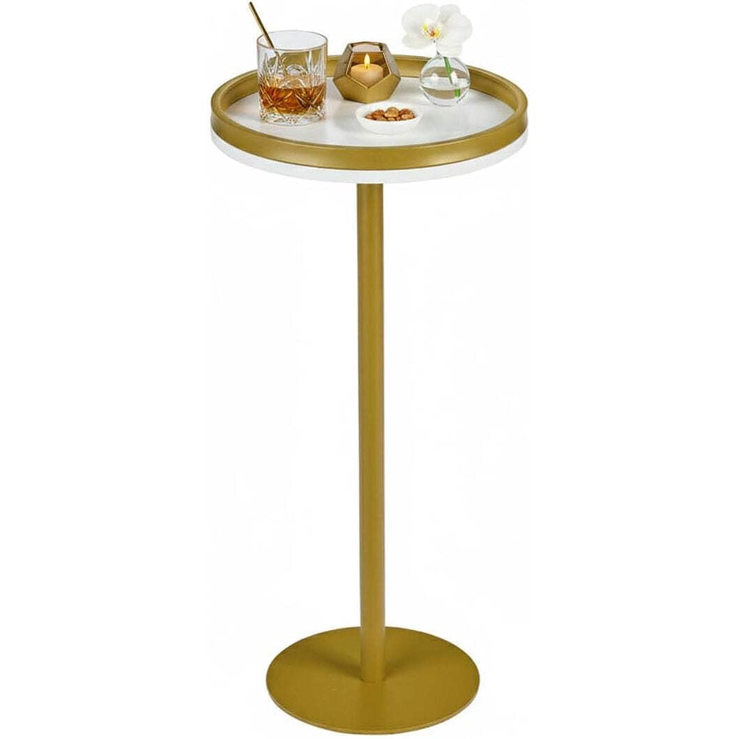 ZEXVIDA Martini Table, Small Round Drink Table with Weighted Base,Modern White & Gold Pedestal End Table with Tray Top Edge for Small Spaces, Living Room, Next to Sofa,24.7 "Tall