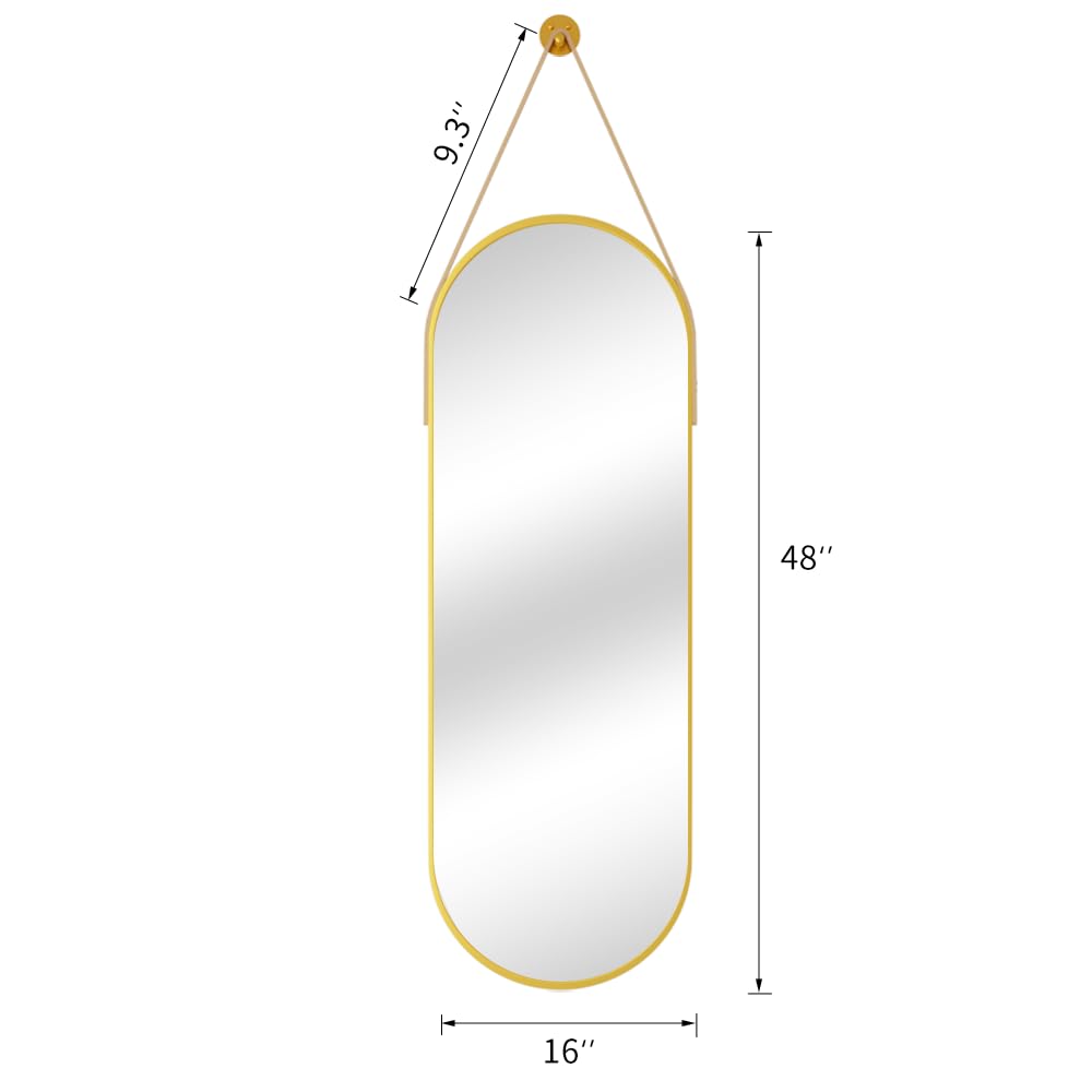 TinyTimes 48"x16" Hanging Mirror with Leather Strap,Oval Full Length Mirror with Aluminum Frame Wall-Mounted Hanging Mirrors for Bathroom Vanity Living Room Bedroom Entryway Decor, Gold