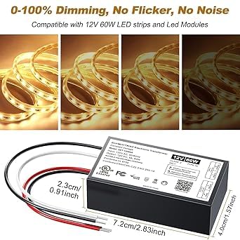 (2 Pieces) 60W 12V Dimmable LED Driver, 12V Triac ELV/MLV Transformer Compatible with Lutron&Leviton Switches, Dimmable Led Power Supply 60W for LED Light Smooth Flicker Free Dimming