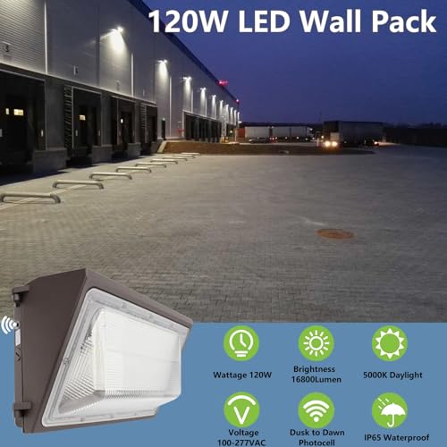 1-10V Dimmable 120W LED Wall Pack Light with Dusk to Dawn Photocell, 100-277V 16800LM 800-1000W HPS/HID Equiv., 5000K Outdoor Security Lighting, ETL Commercial Wall Mount Lights for Building