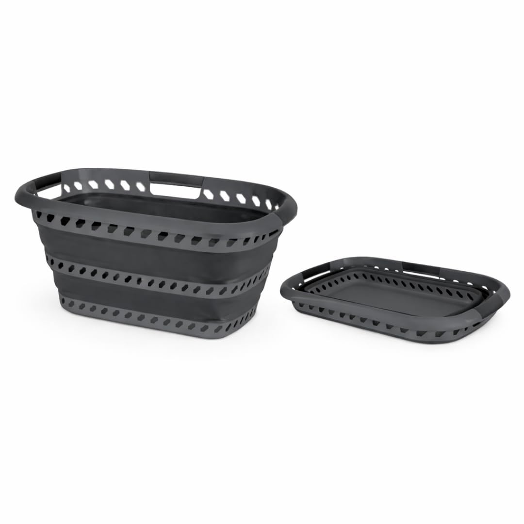 Laundry 360 Collapsible Laundry Basket 40L | Portable | Space Saver Storage | Hold 2 Loads | Store Under the Bed or Closet | Good for Kids | Dorm | Bedroom | Large | Grey/Black