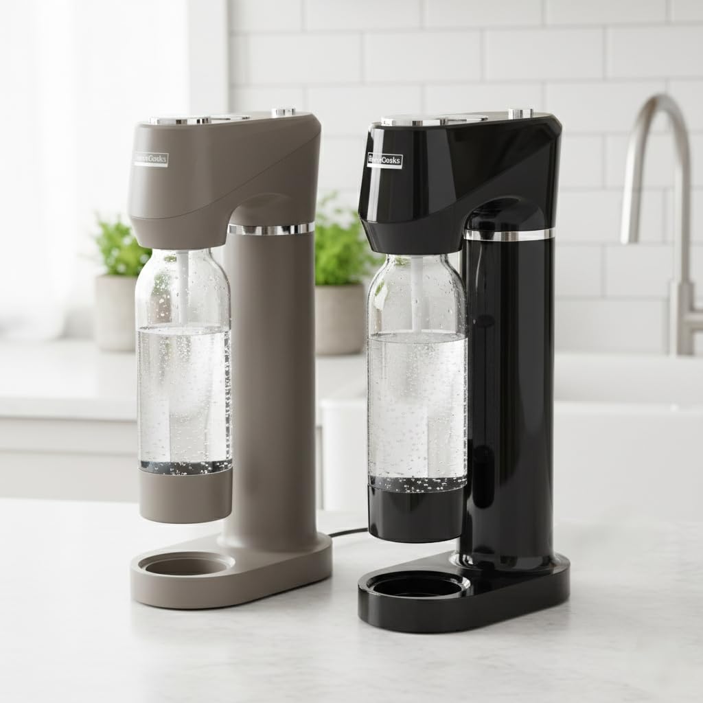 Home Sparkling Water Soda Maker with 2 BPA-Free Bottles (1L + 0.5L) - Carbonated Water Seltzer Fizzy Drink Machine, Compatible with Screw-In 60L CO2 Carbonator (Not Included), Gray