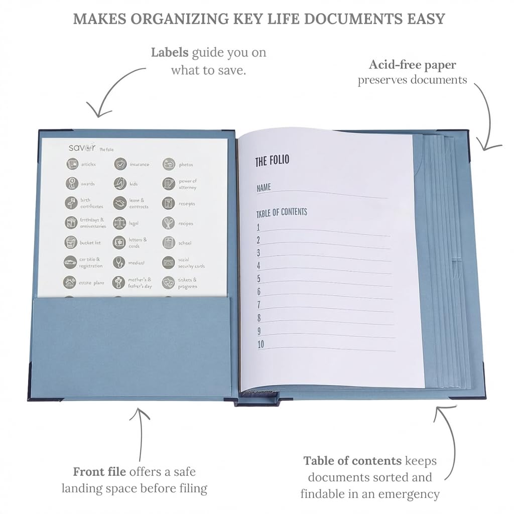 The Folio® Important Document Organizer by Savor | Binder with Guided Labels, Acid-Free File Folder Organizer with 10 Pockets, Document Holder for Home Records, Legal and Medical Papers (Blue)