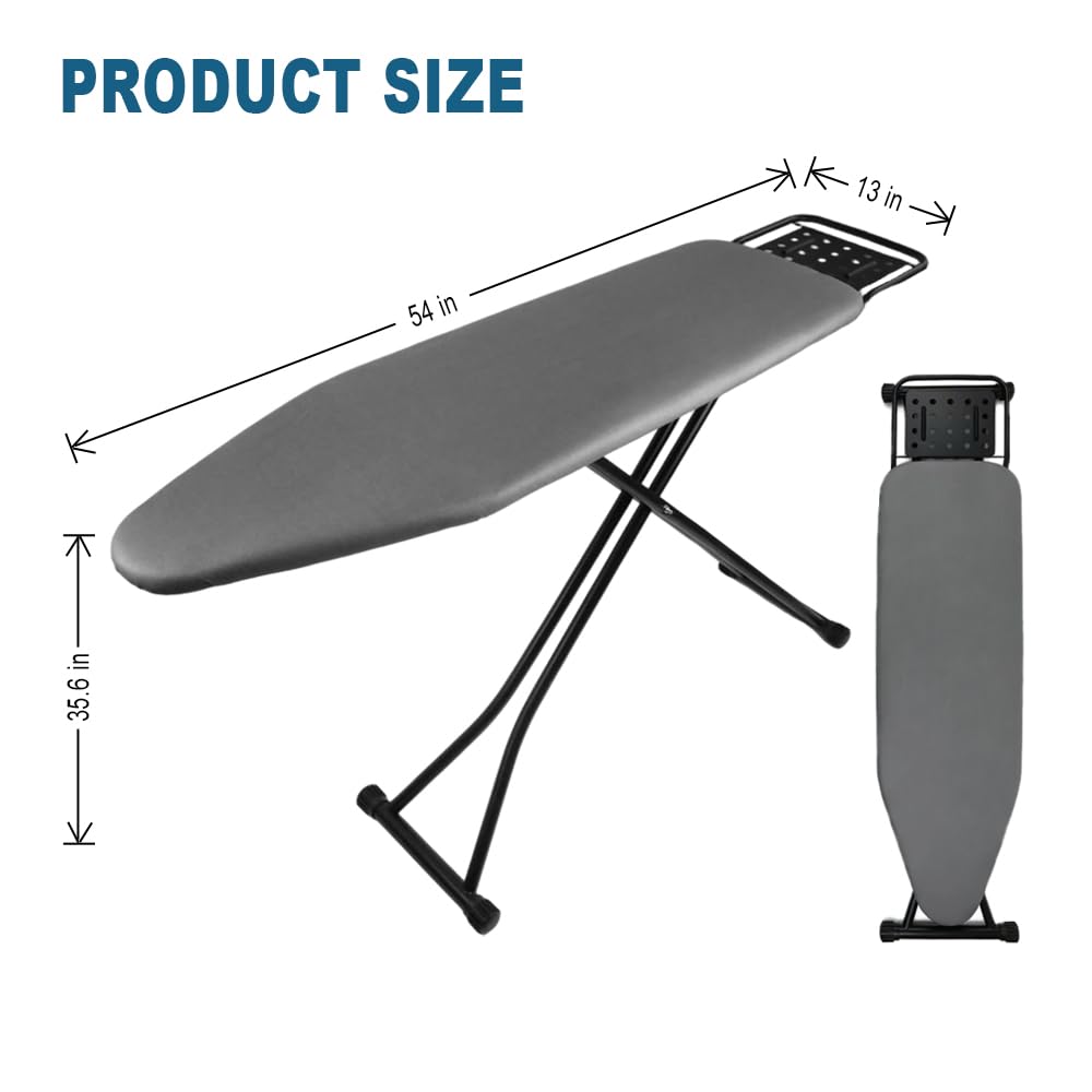 Ironing Board Full Size, Heat Resistant Cover Iron Board with Steam Rest, Ultra Thick Padding, Height Adjustable Heavy Sturdy Metal Frame Legs Ironing Stand,Non-Slip Foldable (54"x13", Square Rest)