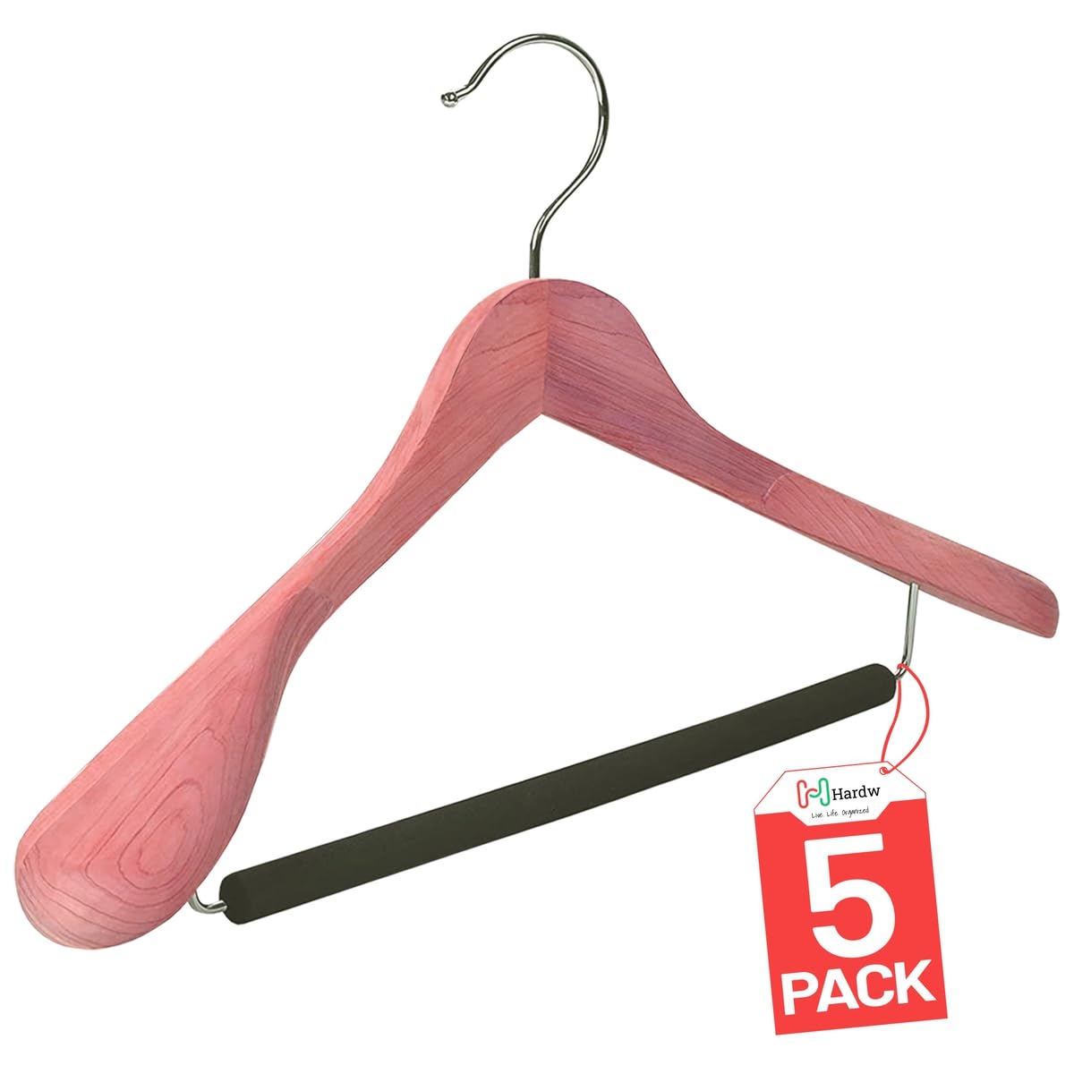 HARDW Cedar Hangers for Closet - 5 Pack Extra Wide Wooden Hangers for Suits, Coat, Dress, Jacket, Clothes Storage - Non Slip Foam Padded Pant Bar with 360° Swivel Hook, Aromatic American Cedar Wood