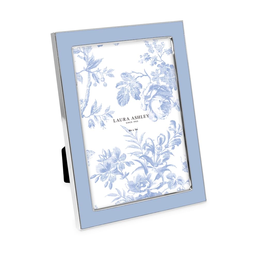 Laura Ashley 5x7 Cashmere Blue Enamel Picture Frame, Silver Metal Edge with Easel, for Countertop, Tabletop Display, Bookshelf, Desk, Wall Décor, Photo Gallery (5x7, Cashmere Blue W/Silver)