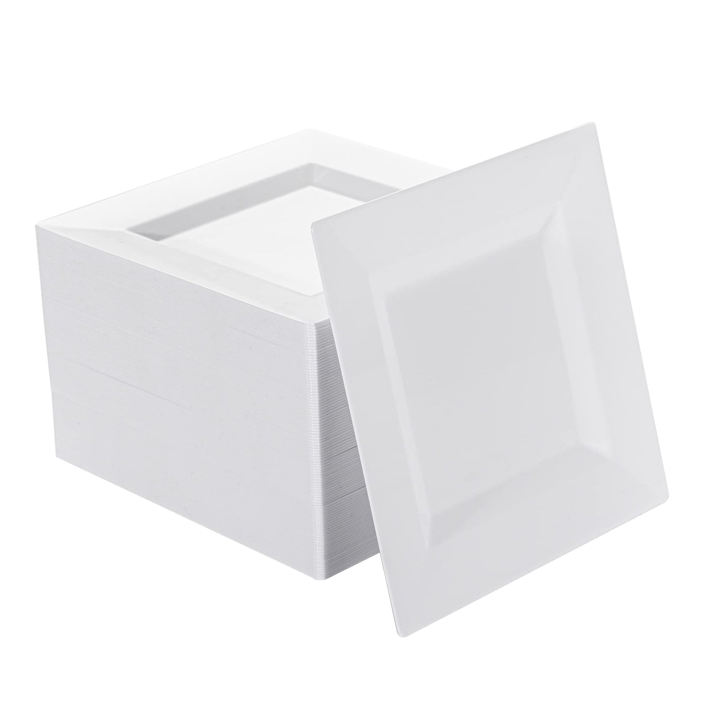 NZVCN 100 Pack White Plastic Square Dessert Plates, 6.5" Disposable Salad Plates Heavy Duty Plates for Party, Wedding, Christmas, Easter