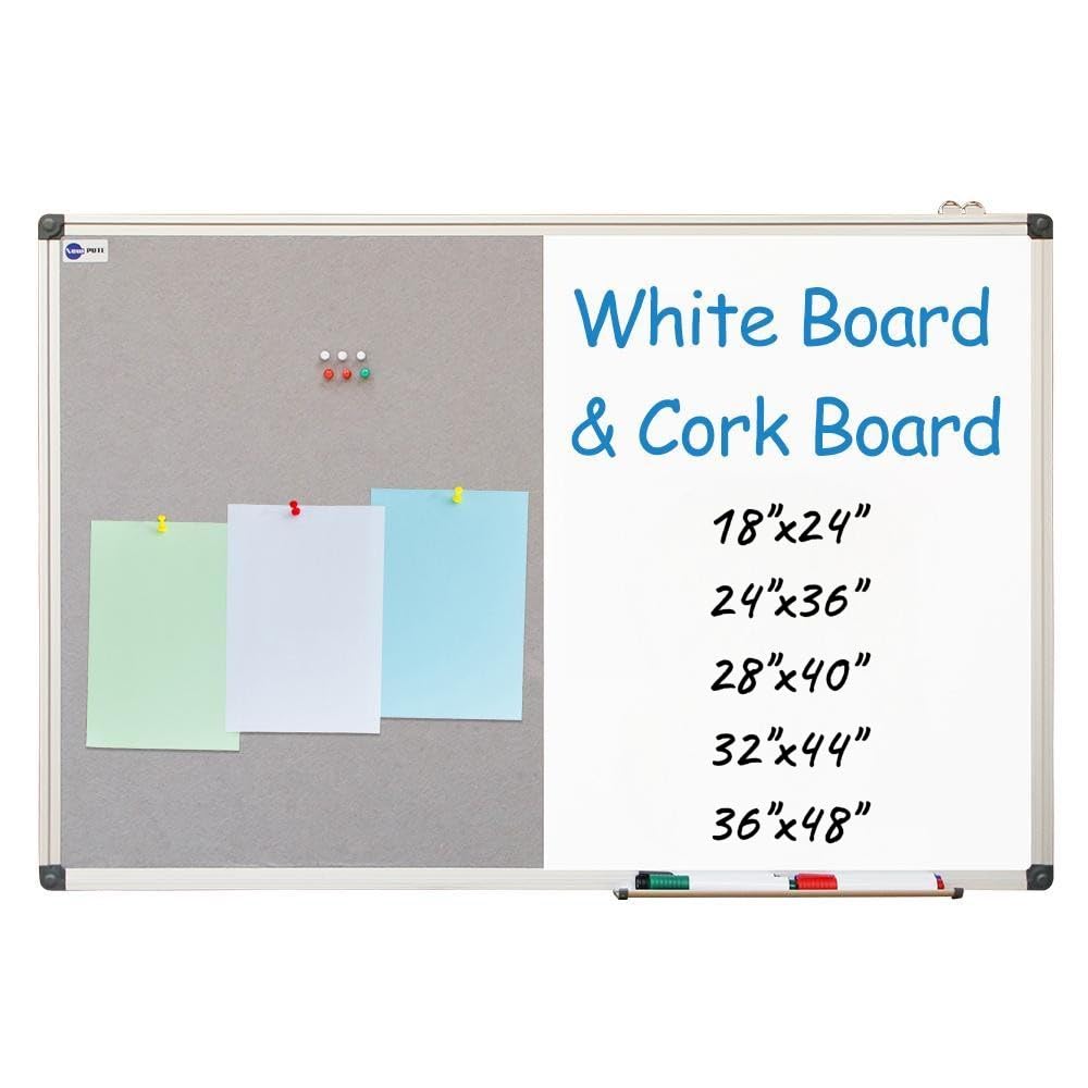 NEWPUTE White Board and Cork Board Combo - 36 x 24 Inches Large Dry Erase Whiteboard and Bulletin Board, Magnetic Wall Pin Display Board for Home, Classroom & Office, 24"x36" Grey