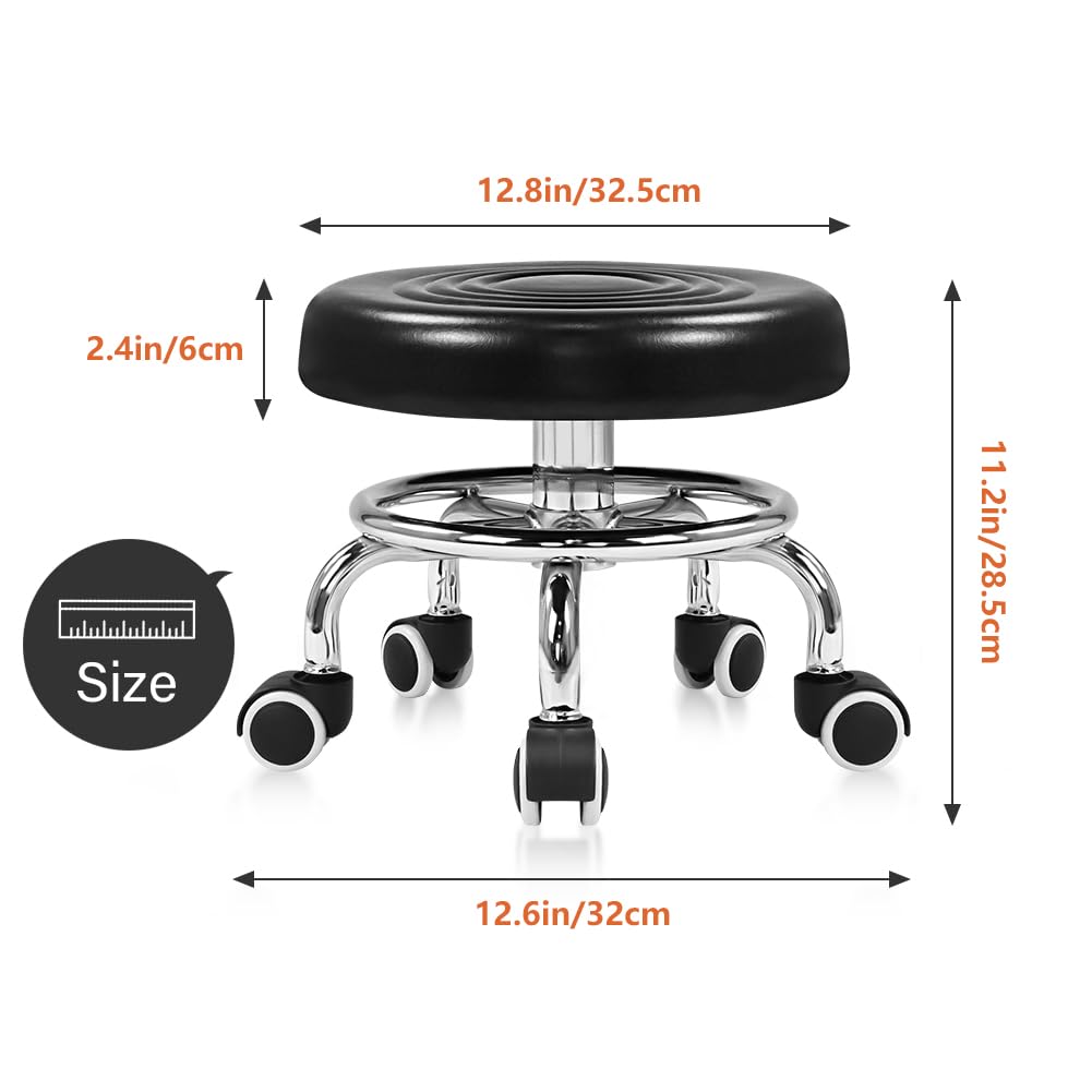 KKTONER Black Roller Seat PU Leather Rolling Stools with Wheels Nail Stool for Home Work Office Shop Step Stool (Black)