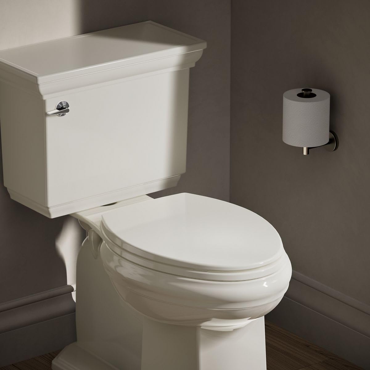 KOHLER 20110-96 Brevia, Slow Close Toilet Seat, Elongated Toilet Seat, Grip-Tight Bumpers Quick-Attach Hardware, Biscuit