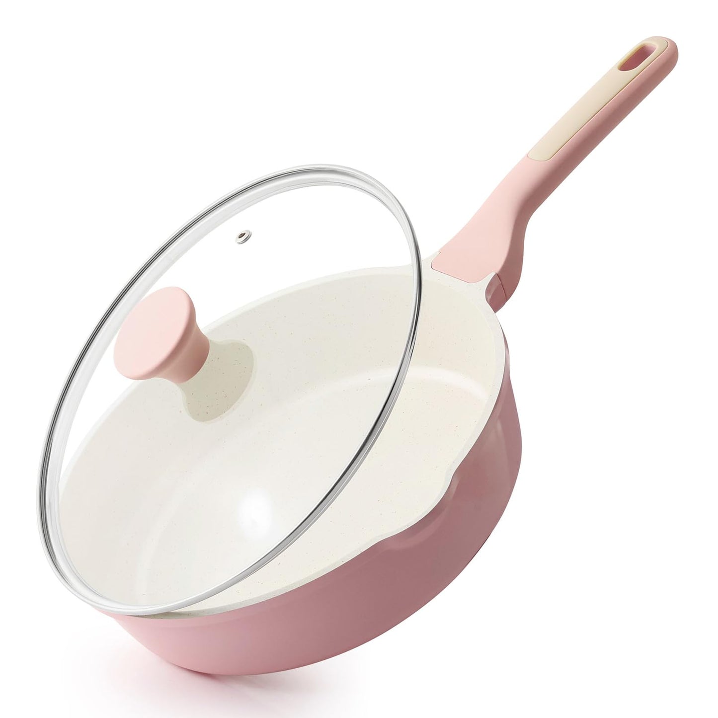 SENSARTE Nonstick Skillet with Lid 12-inch, 5QT Ceramic Deep Frying Pan, Non Toxic Saute Pan with Lid, Healthy Dishwasher Safe Cooking Pot, Induction Pan with Stay-cool Handle, Pink