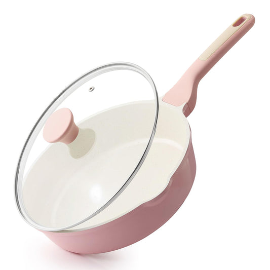 SENSARTE Nonstick Skillet with Lid 12-inch, 5QT Ceramic Deep Frying Pan, Non Toxic Saute Pan with Lid, Healthy Dishwasher Safe Cooking Pot, Induction Pan with Stay-cool Handle, Pink