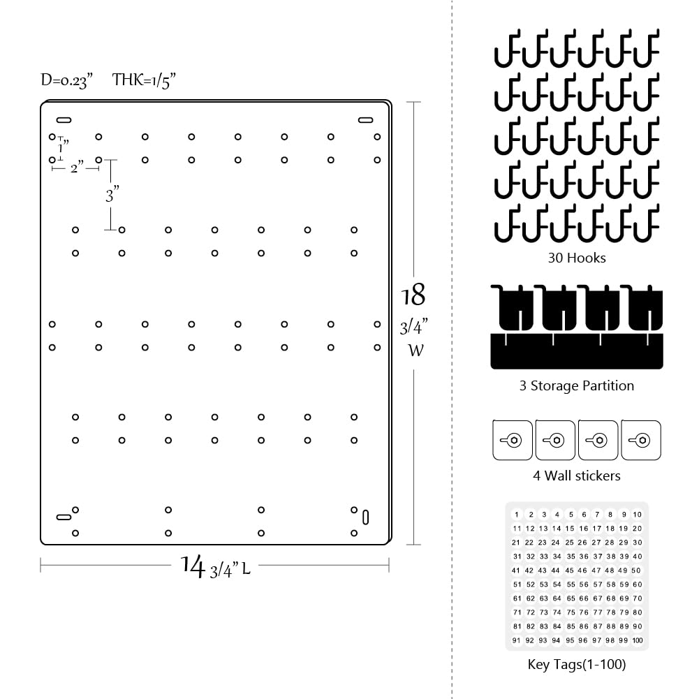 PROSPACE P0004 Acrylic Key Hooks Upgrade Thick Buckle 14 3/4ʺW x 18 3/4ʺL Wall-Mounted Key Hanging Board with 30 Hooks for Garage, Car Dealer, Office, Hotel, Real Estate (Matte Black with Pallet)
