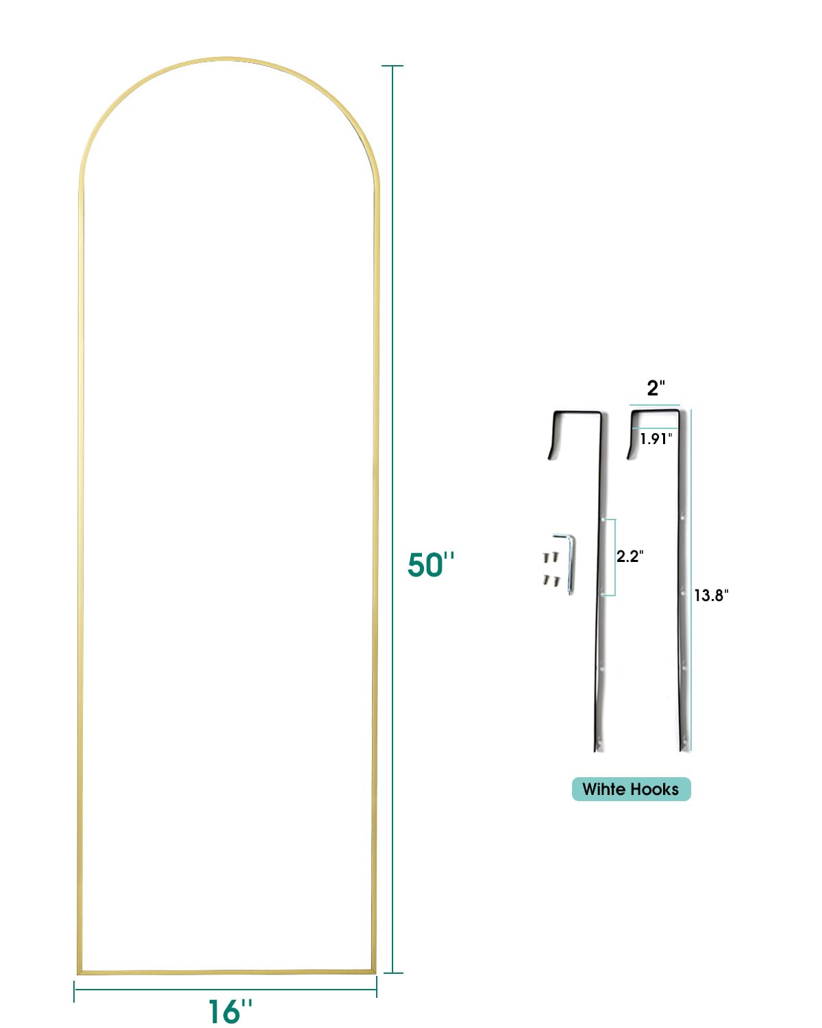 BEVERDY Over The Door Mirror - 16"x50" Arched Full Body Mirror, Gold