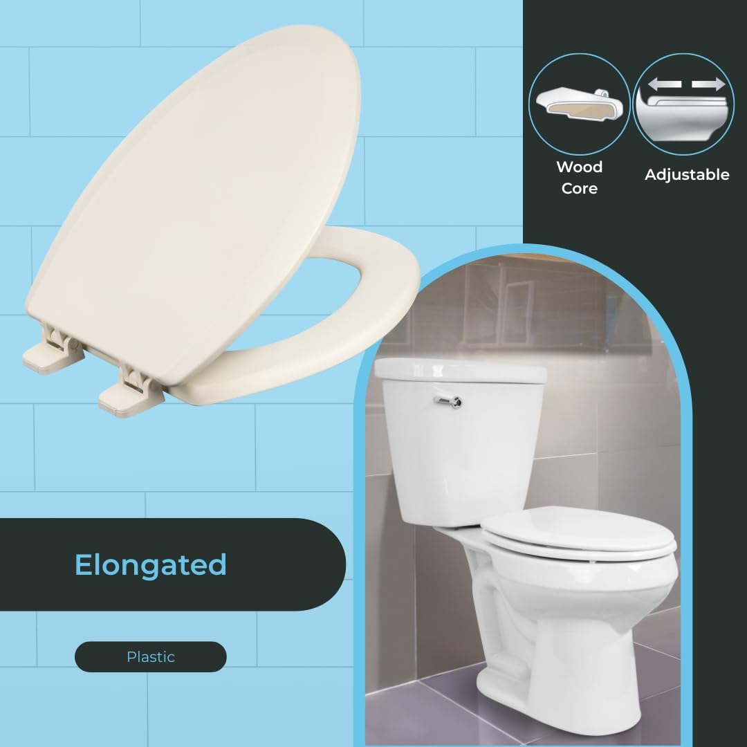 Centoco Heavy-Duty Elongated Toilet Seat, Wood Core with Scratch-Resistant Plastic Finish, Won't Crack or Fade, Residential, Made in the USA, DSAMAZ9-416, Biscuit