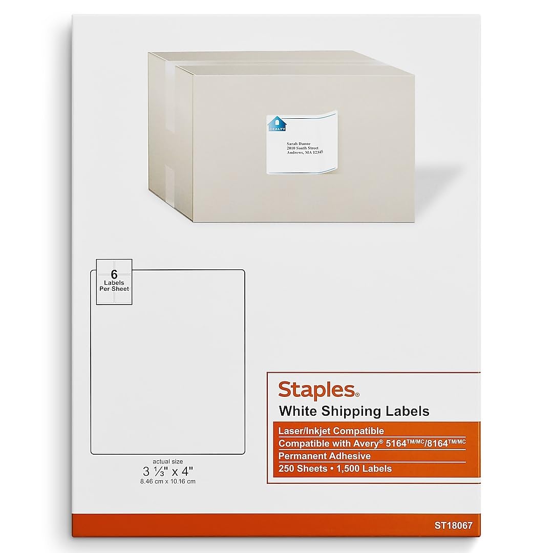 Staples 4 x 3-1/3 Shipping Labels, White – Printable Laser & Inkjet Labels, 1,500 Labels (250 Sheets)