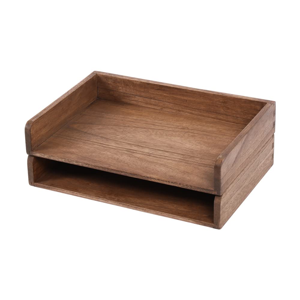DDYURI Desktop File Trays Stackable Paper Tray for Letter/A4 Size Magazine - Wood Office Document Organizer Shelf - Wooden Folder Organization Rack Desk Tray Pack of 2 Dark(2CTP-DK)