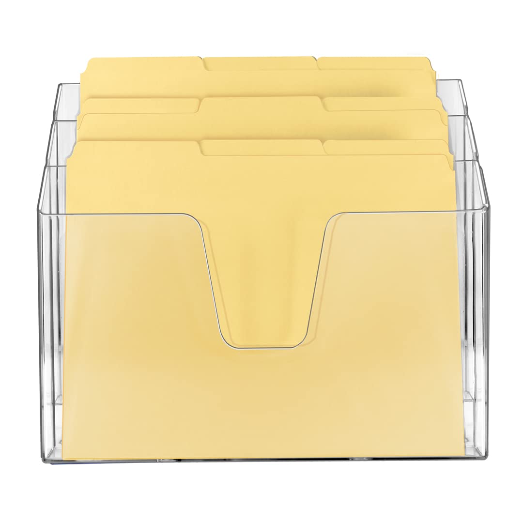 Acrimet Horizontal Triple File Folder Holder Organizer, Open-Top Desktop Document Sorter for Letter Size Papers & Folders, Includes 9 Manila Folders, Plastic Clear Crystal