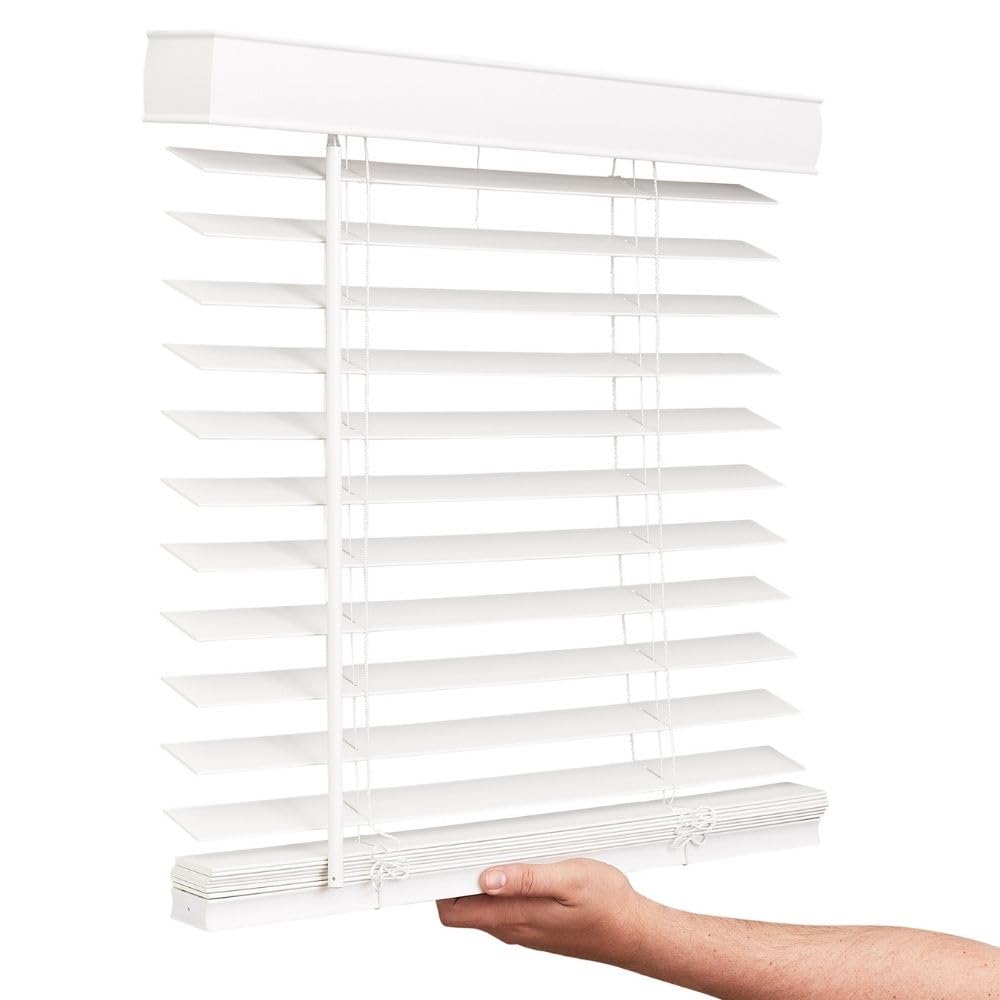 LOTUS & WINDOWARE Cordless Faux Wood Blinds, 35" Wide x 60" Long, Smooth, Snow White, 2 Inch Horizontal Blinds – for Living Room, Bedroom, Interior Door Windows