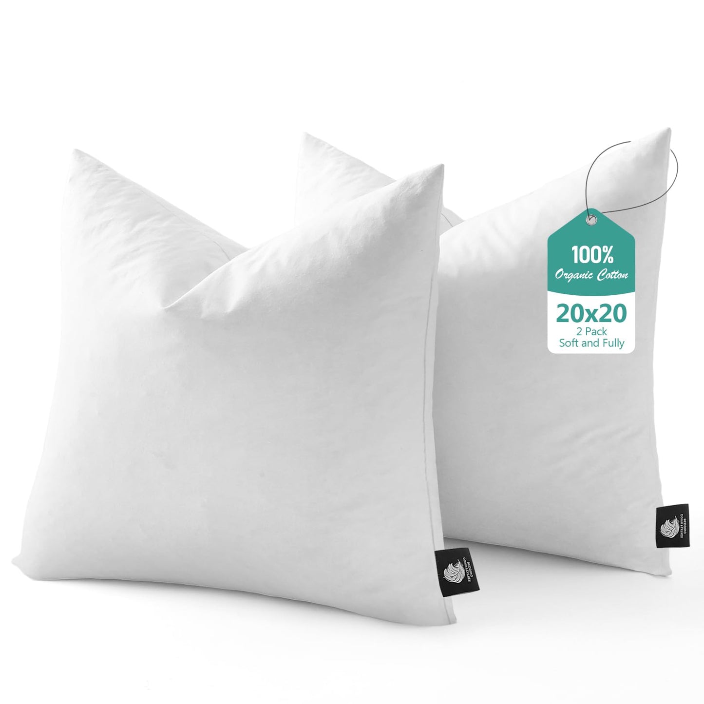 BPC Luxury Feather Down 20x20 Pillow Inserts Set of 2, Soft Fluffy Throw Pillow Inserts, 100% Organic Cotton Cover, Square Pillows for Couch, Living Room, Bed, Sofa