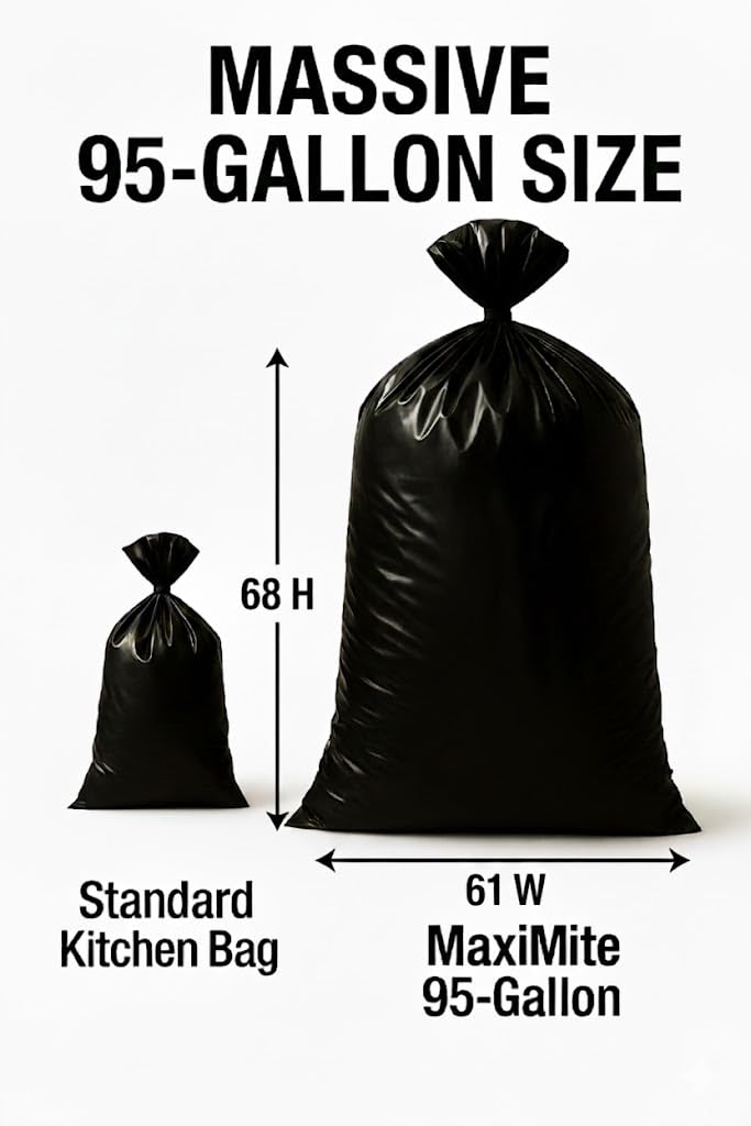95-96 Gallon Extra-Large Black Garbage Can Liners, Heavy-Duty Trash Bags, 50 Bags, 1.5 Mil Thick, Ideal for Commercial & Home Use