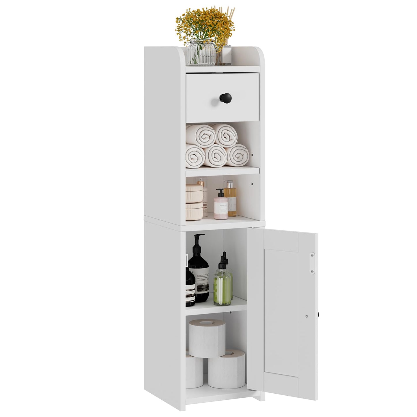 Lomojo Small Bathroom Storage Cabinet,Narrow Toilet Paper Holder,Corner Floor Cabinet with Doors and Drawer for Small Space,Adjustable Shelf Organizer,7.75L*7.75D*29.6H,White