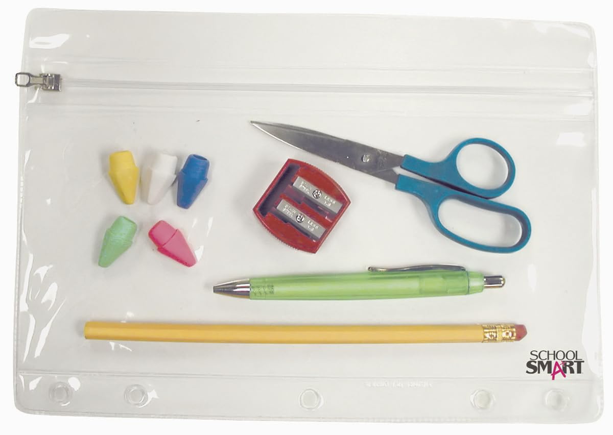 School Smart Zippered Ring Binder Pouches, 7 x 10 Inches, Clear and White Vinyl, Pack of 24