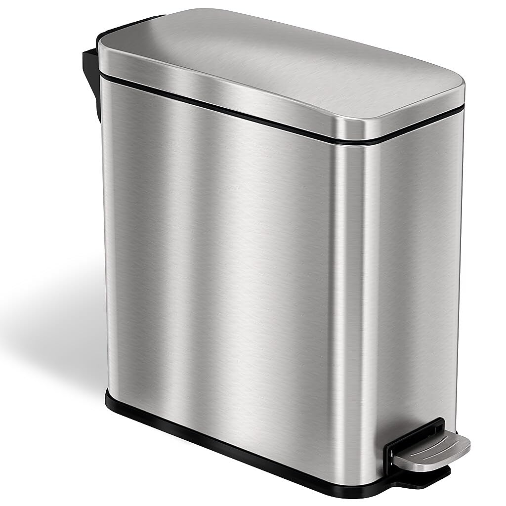 iTouchless 3 Gallon Small Wastebasket for Bathroom with Lid, Deodorizer, Soft-Step Stainless Steel Slim Garbage Bin, 12 L Silver Small Trash Can, Step Pedal, Fingerprint-Proof for Powder Room & RV