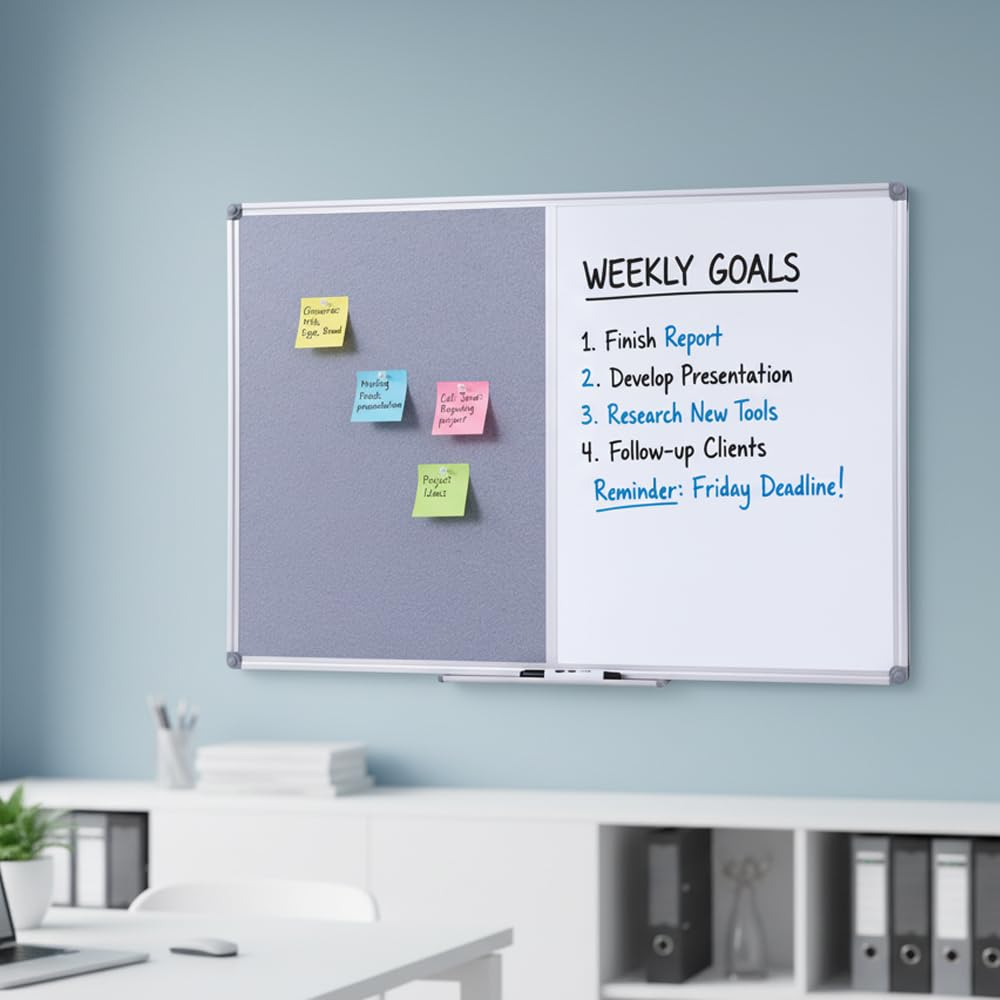 DexBoard 36 x24 inch Cork & Dry Erase Combo Board - Magnetic Whiteboard & Grey Bulletin Board for Office, Home, Classroom | Wall-Mountable with Aluminum Frame & Pen Tray