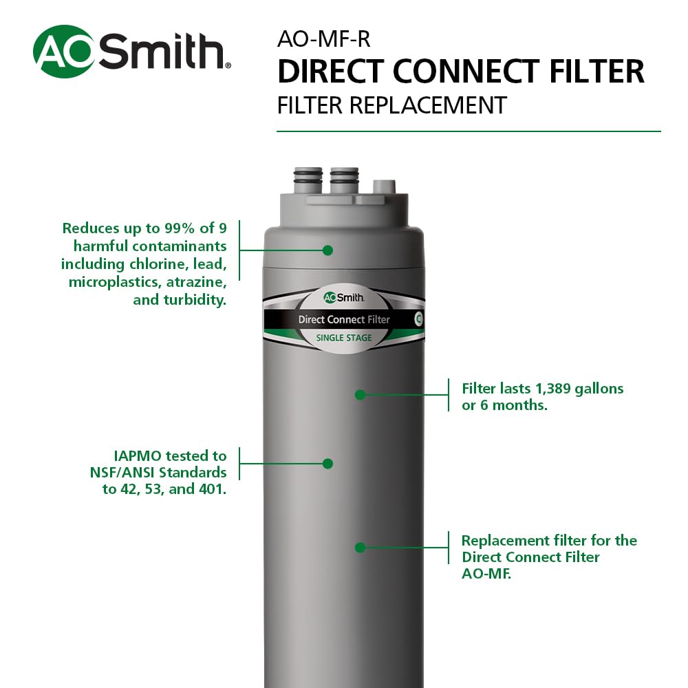 AO Smith Basic Direct Connect Under Sink Replacement Filter For AO-MF System - Carbon Block Filter Reduces Up To 99% Of 9 Harmful Contaminants - AO-MF-R