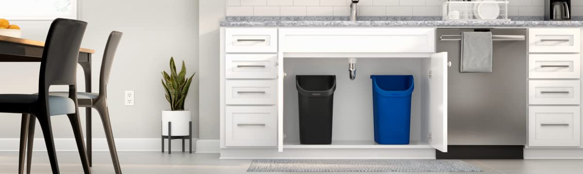 Rubbermaid Undercounter Small Trash Can, 2 Pack Blue and Black for Recycling/Waste, 9.4-Gallon, Fits under Sink/Desk/Cabinet for use in Kitchen/Bathroom/Office