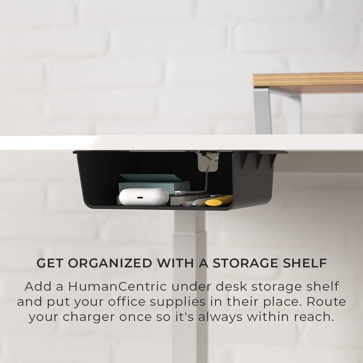 HumanCentric Under Desk Storage Shelf, Drawer Organizer for Office, Workstations, Tables, Sit Stand Desks, Gaming Setups, Mountable Storage Tray, Cable Management, Screw or Stick On, 2 Pack
