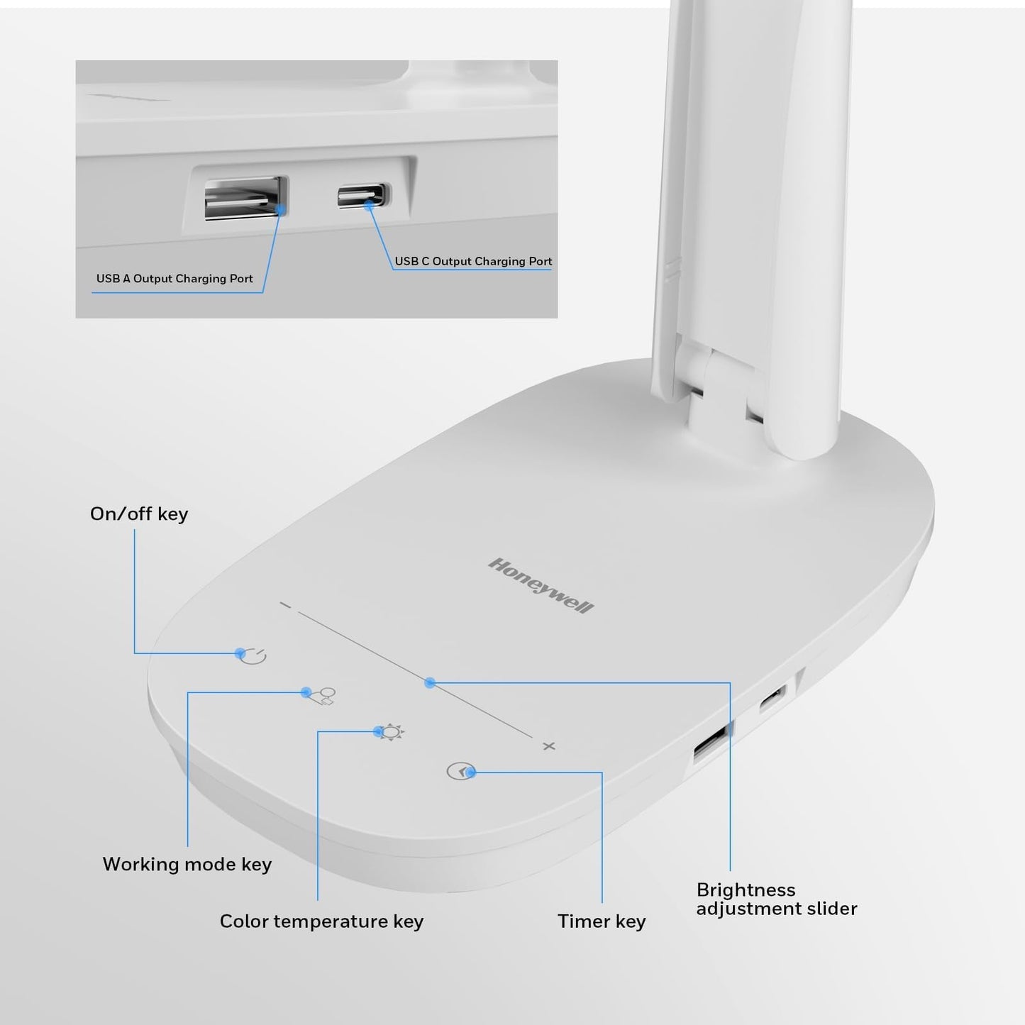 Honeywell HWT-H2 LED Desk Lamp, CRI94 Full Spectrum Eye-Caring Table Light, Foldable Dimmable 4 Color Modes with USB A+C Charging Ports for Home Office Bedroom Reading Study Work (White)
