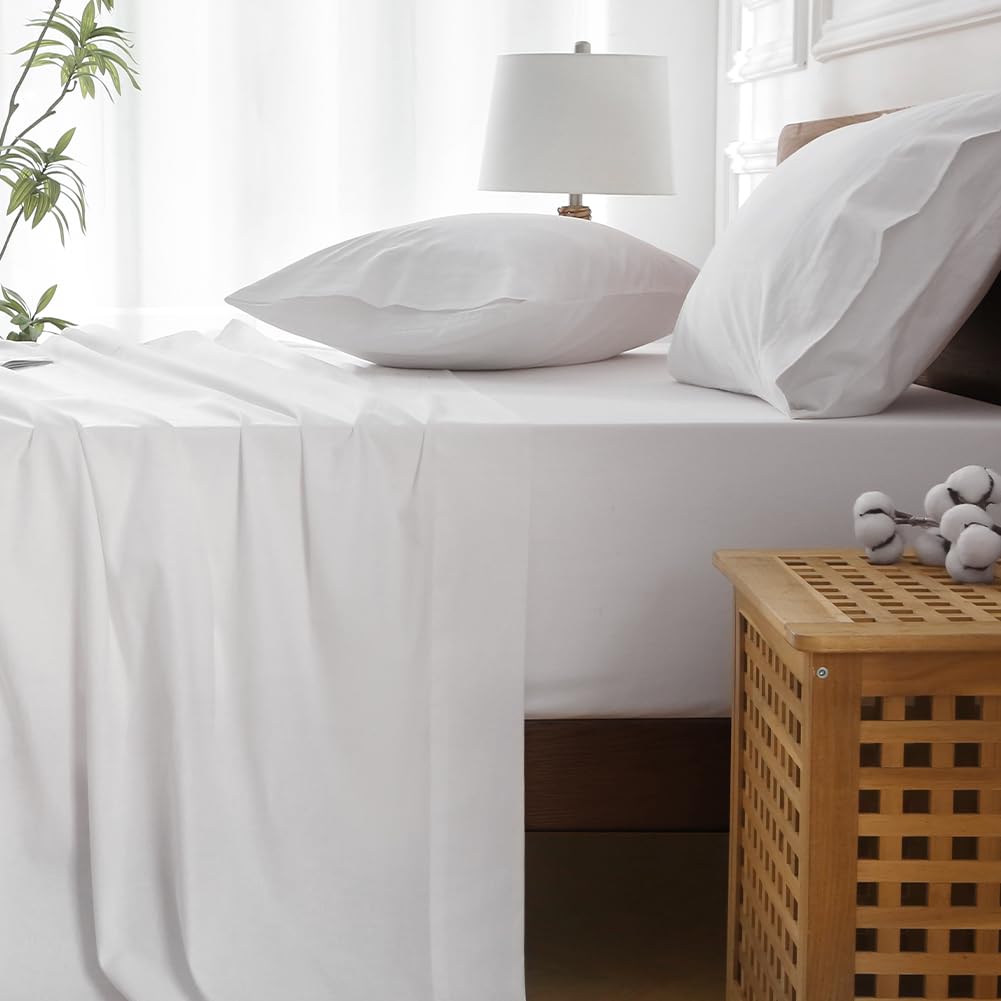 HYPREST Extra Deep Pocket Queen Sheet Sets Fits 18"-24" in Deep Mattress -100% Cotton Queen Sheet Set,White Hotel Luxury Soft Cooling Sheet Sets for Queen Bed Deep Pocket