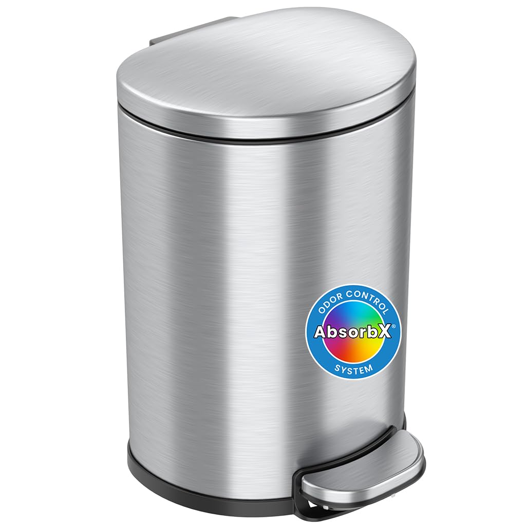 iTouchless SoftStep 2 Gallon Small Semi-Round Bathroom Step Trash Can with Removable Inner Bucket and AbsorbX Deodorizer, Stainless Steel, 7 Liter Pedal Garbage Bin