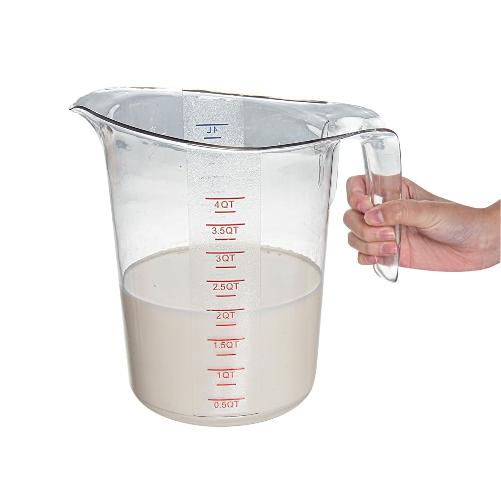 Restaurantware RW Base 4 Quart Measuring Jar 1 Durable Measuring Beaker - Metric And Imperial Units V-Shaped Spout Clear Plastic Measuring Cup Handle With Thumb-Grip Tolerates Up To 248F