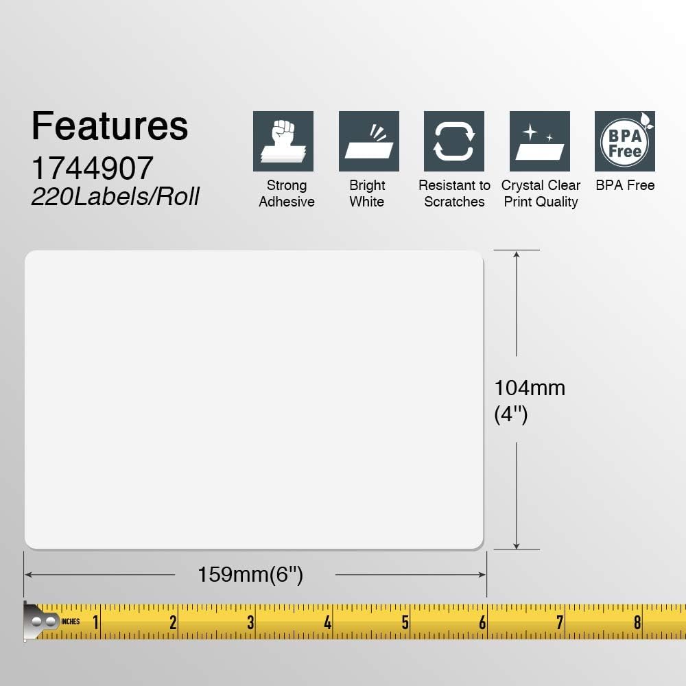 BETCKEY - Compatible DYMO 1744907 (4" x 6") Shipping Labels, Perforated, Compatible with DYMO Labelwriter 4XL Rollo & Zebra Desktop Printers, NOT Fit 5XL [6 Rolls/1320 Labels]