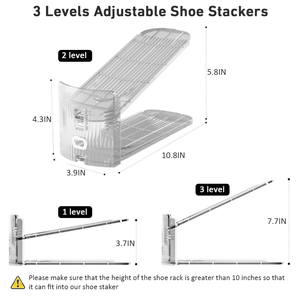 12 Pack Clear Shoe Slots Organizer - Adjustable Height 3.7''to 7.7'' Shoe stackers for a pair of shoes ,Shoe rack storage shoe space saver 50%,Easy to assemble shoe hold shoe organizer for cloest