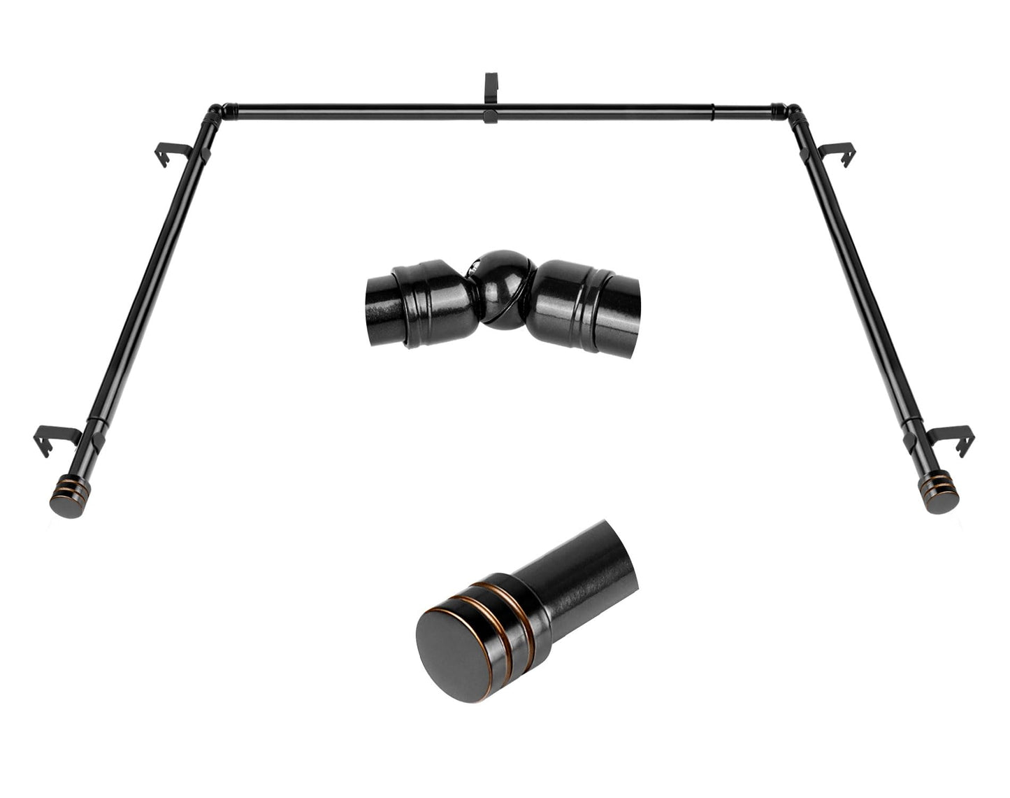 Black Bay Window Curtain Rod, HOTOZON 1 Inch Curtain Rods for Bay Windows 36-72 Inch(Center Rod), 20-36 Inch Side Rods for Windows, Heavy Duty Decorative Drapery Rod with End Cap Finials