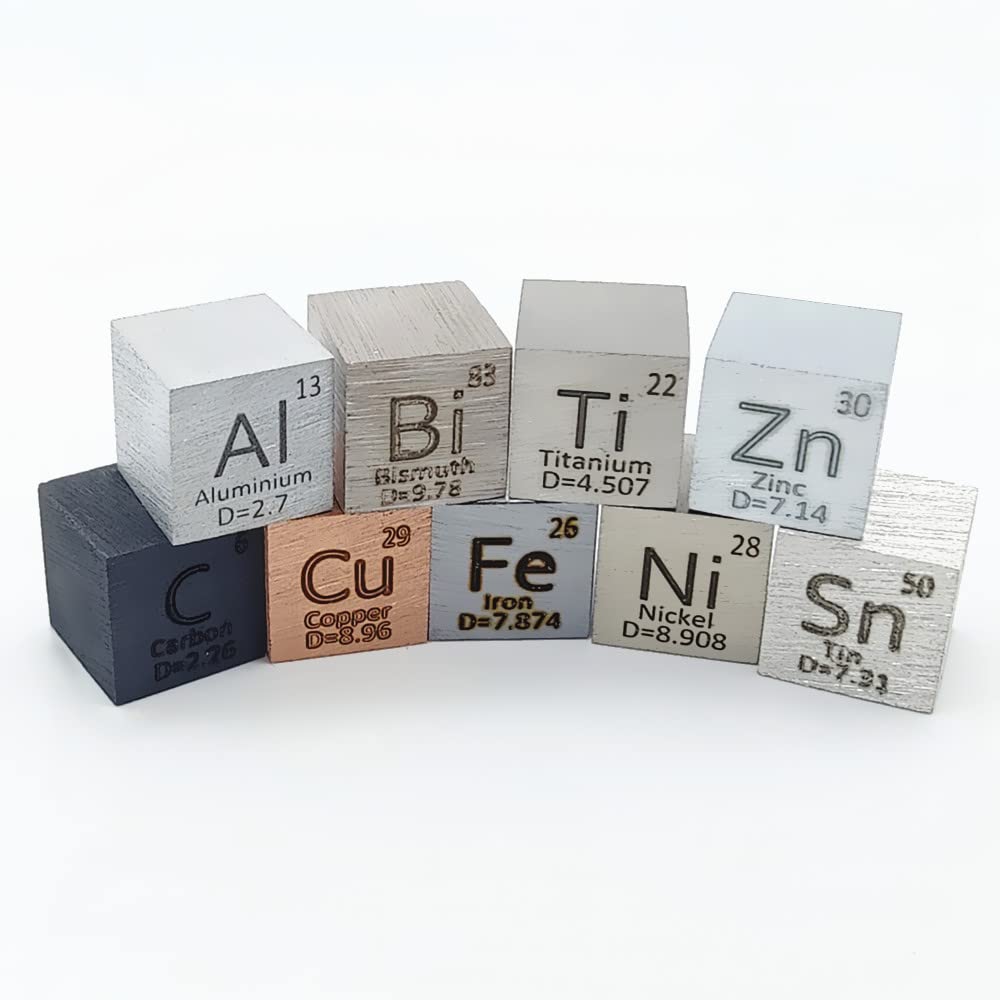 0.39" Element Cube Set 10mm Density Cubes Copper Iron Bismuth Titanium for Periodic Table Collection Up to 99.99% Purity (0.39“, 9-01)
