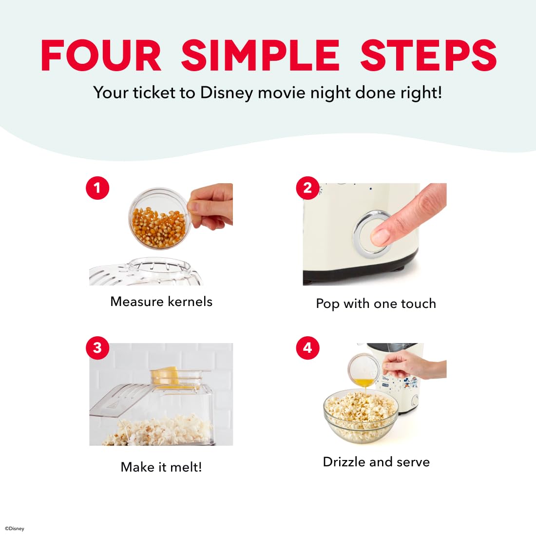 Disney DASH Fresh Pop Popcorn Maker - Oil-Free, Air Popcorn Popper - With Measuring Cup & Recipe Guide - Perfect for Movie Nights - 16 Cups, Mickey & Minnie Design