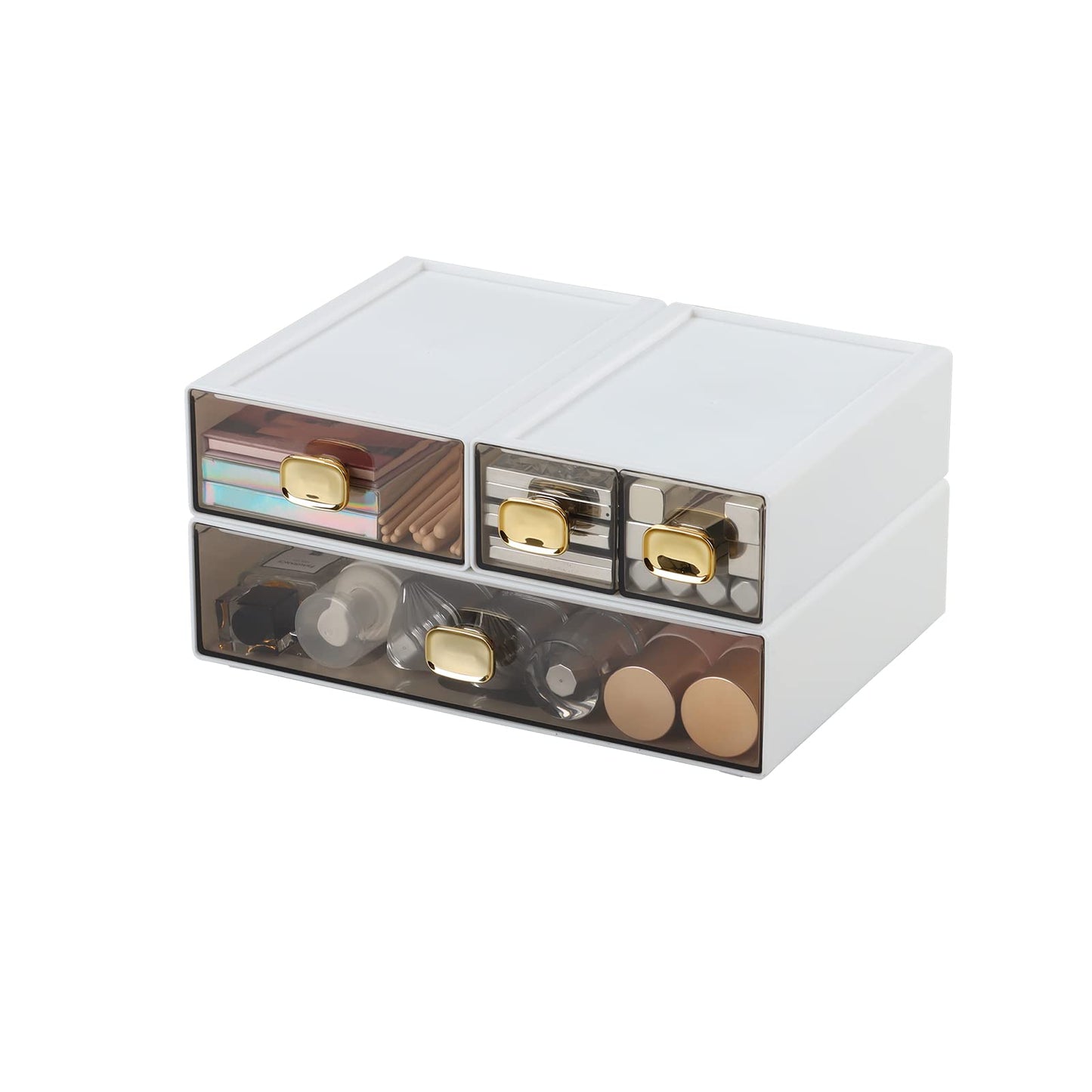 OSteed Spacious Desktop Storage Box, 1 Large 1 Middle & 2 Small Storage Drawers, Stackable Office Desk Drawer Organizer and Accessories, Printer Paper Organizer, White Plastic Drawers for Workspace