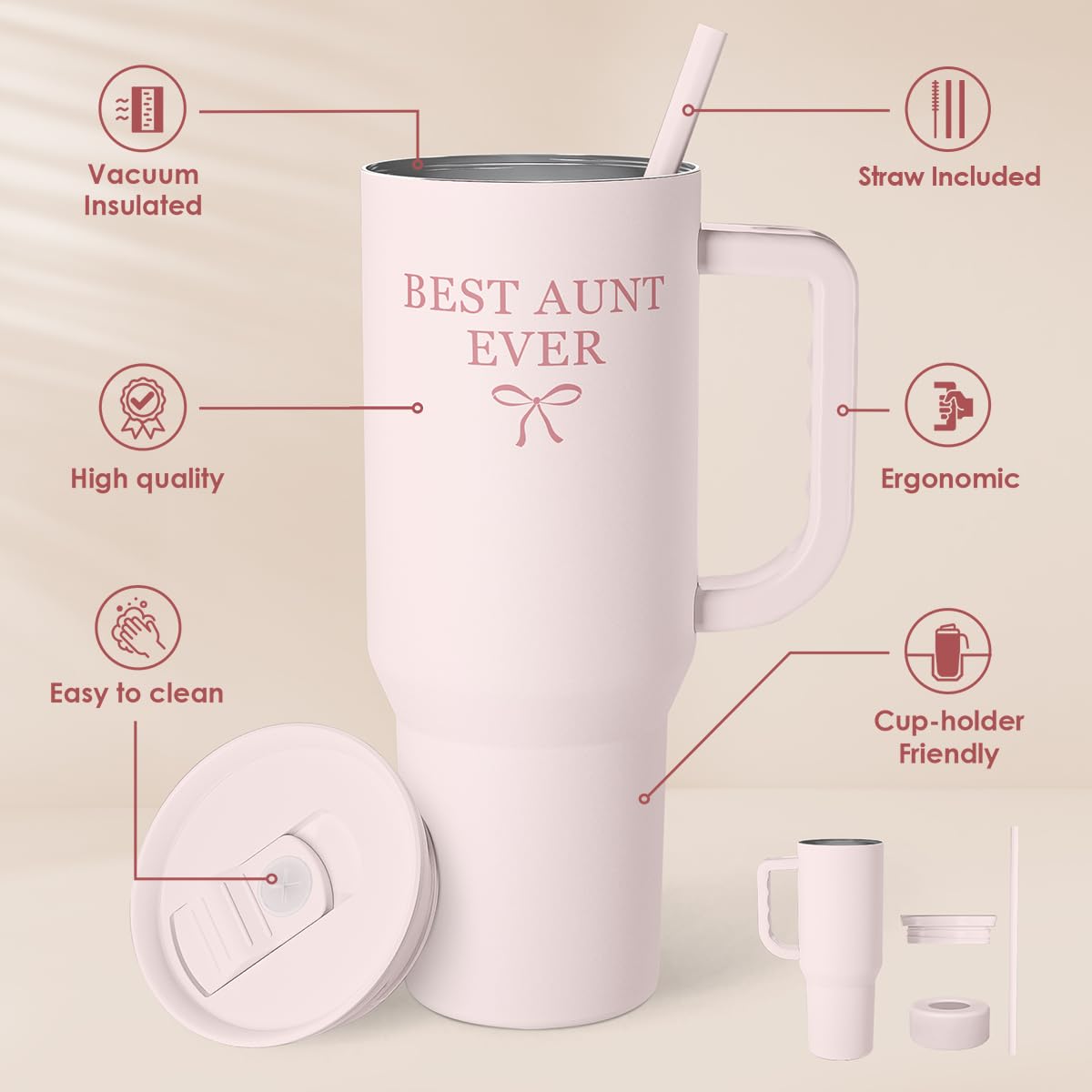 SANDJEST Gift for Aunt - Best Aunt Stainless Steel Tumbler with Handle, Travel Coffee Mug for Moms - Aunts Gifts for Birthday Christmas Mothers Day, 40oz