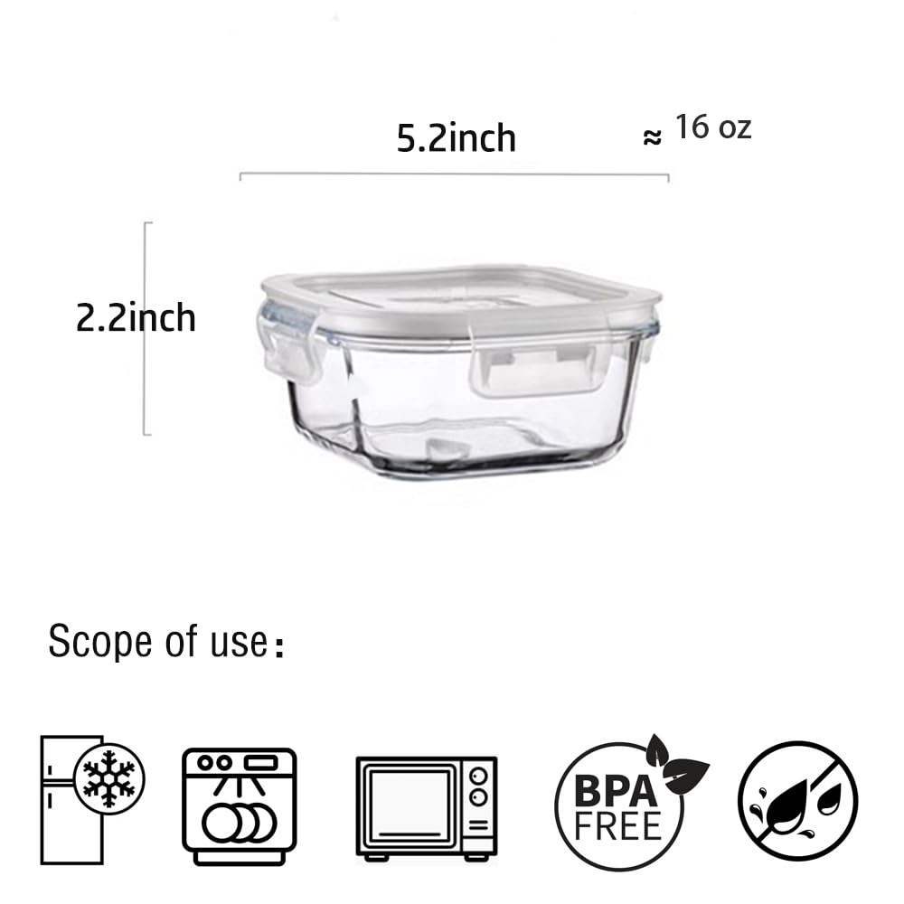 R.repad yay 16oz Square Glass Food Storage Containers With Lids, 2 Cup Square Glass Food Containers With Lids, BPA free Small Meal Prep Bowls for leftovers, Dishwasher, Freezer Safe (8Pack)