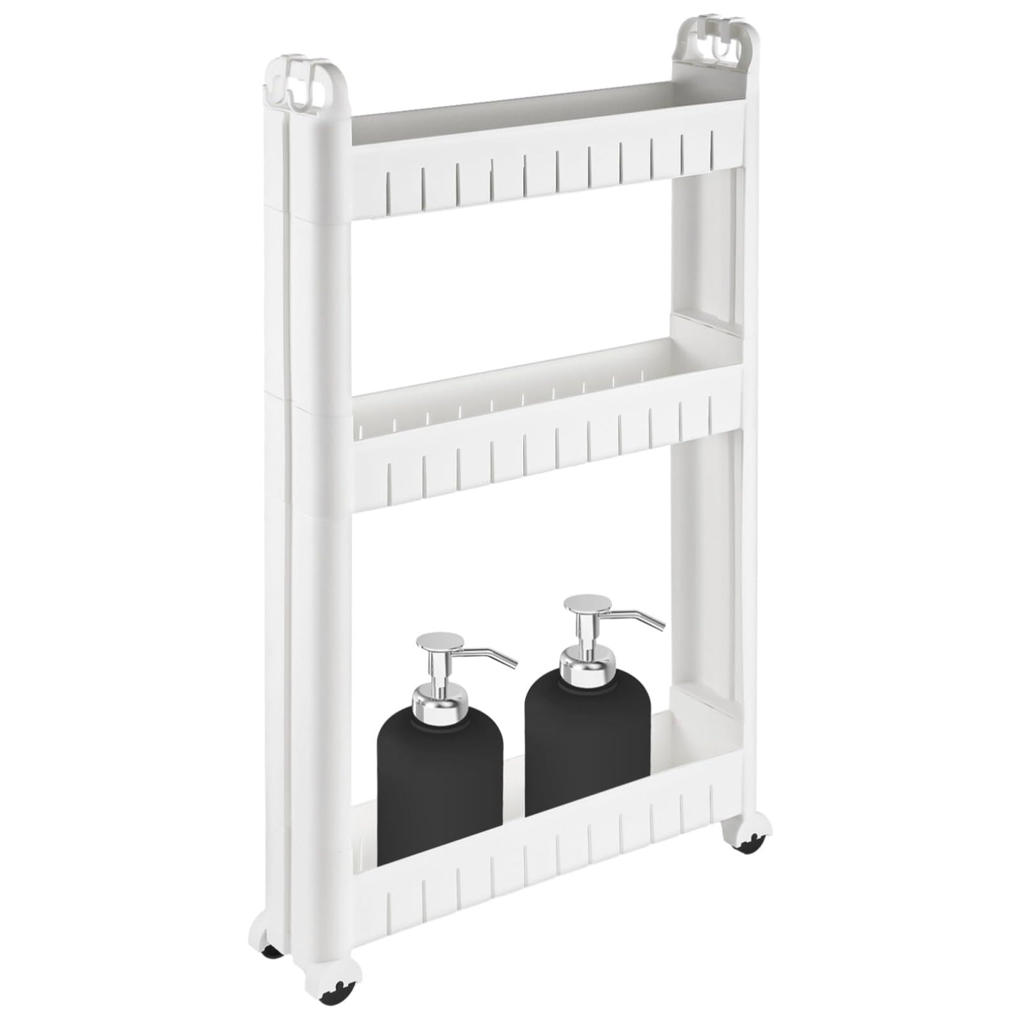 3 Tiers Slim Rolling Storage Cart, 3.5 Inches Slim Slide Out Bathroom Organizer Cart, Tiered Storage Rack with Wheels, Narrow Mobile Utility Cart for Laundry Room, Kitchen, Office, Sturdy Room