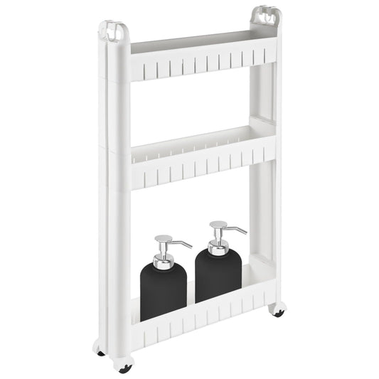 3 Tiers Slim Rolling Storage Cart, 3.5 Inches Slim Slide Out Bathroom Organizer Cart, Tiered Storage Rack with Wheels, Narrow Mobile Utility Cart for Laundry Room, Kitchen, Office, Sturdy Room