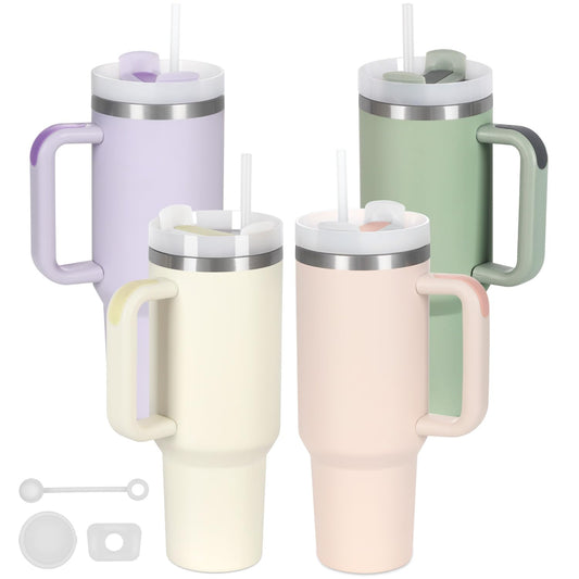 4 Pack 40 Oz Tumbler with Handle Bulk, Double Wall Vacuum Insulated Stainless Steel Tumbler with Lid and Straw, 40 oz cup with Silicone Spill Proof Stopper Set (Cream,Purple,Dark Green,Rose Quartz)