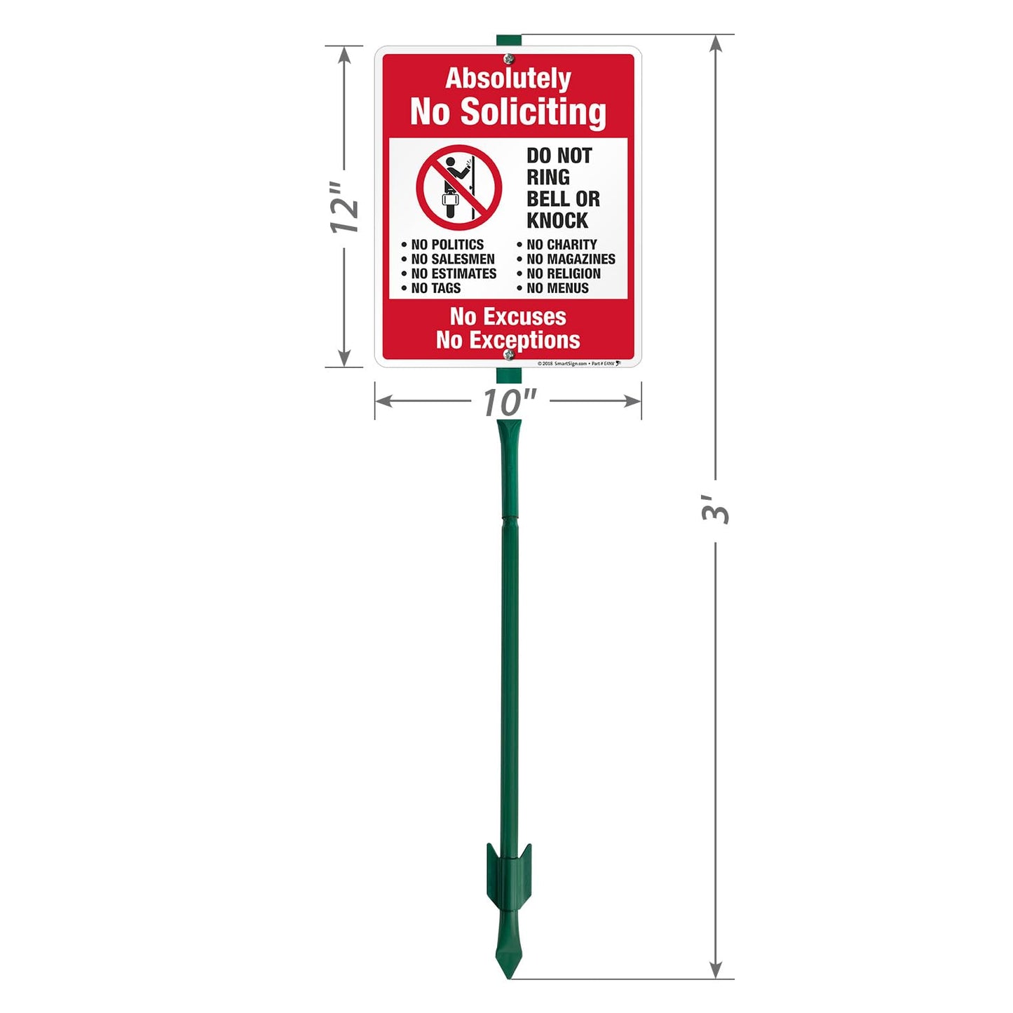 SmartSign 12" x 10" 'Absolutely No Soliciting No Excuses, No Exceptions, Do Not Ring/Knock' Yard Sign with 3 ft Stake, 40 mil Laminated Aluminum, Red, Black and White, Set of 1
