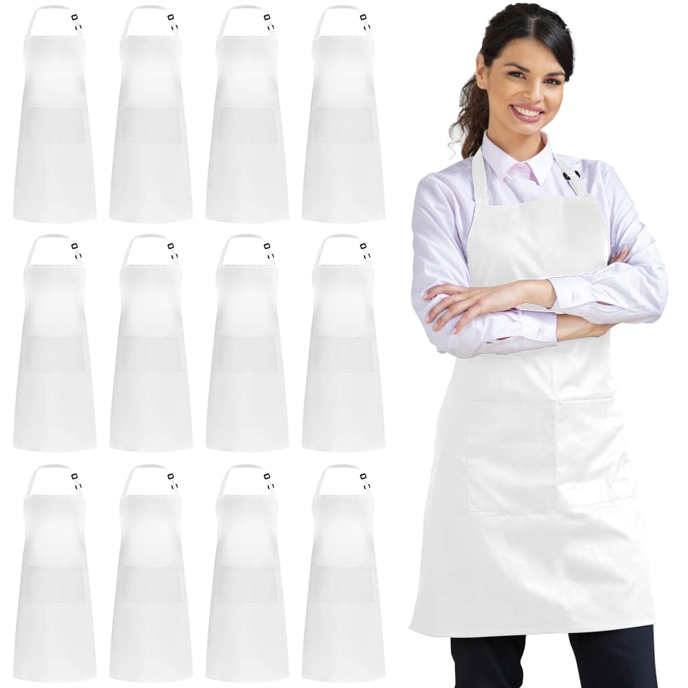 Syntus 12 Pack Bib Apron, Unisex Aprons Adjustable 100% Cotton with 2 Pockets Cooking Kitchen Aprons for Women Men Chef, BBQ Drawing Apron Bulk, White