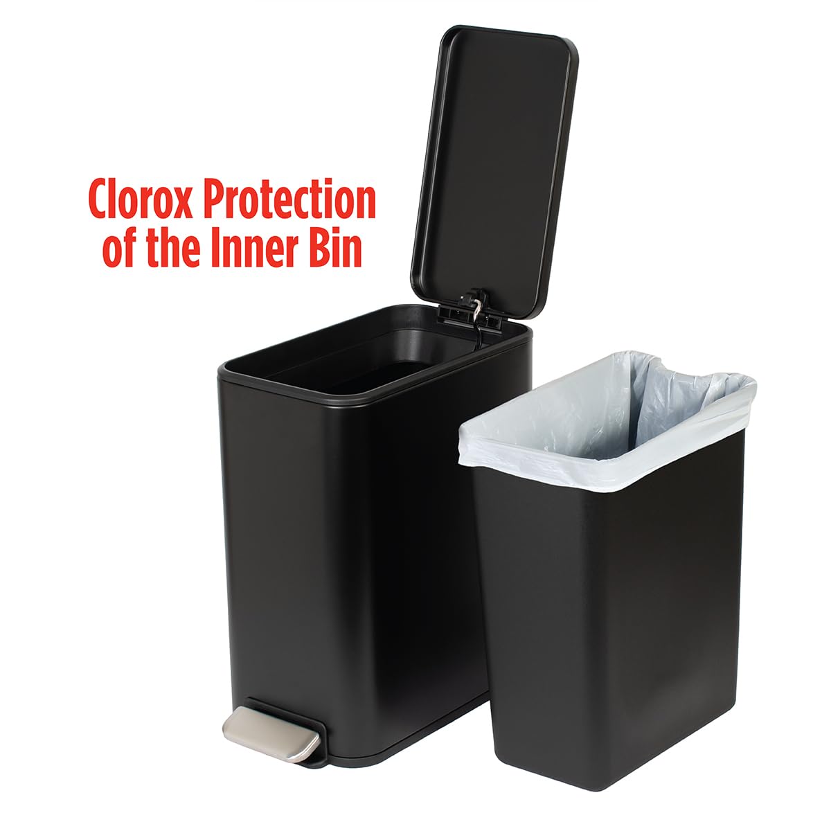 Glad Slim Bathroom Trash Can - Small Garbage Pail with Soft Close Lid & Step Foot Pedal | Narrow Black Metal Waste Basket with Removable Inner Bucket, 2.6 Gallon